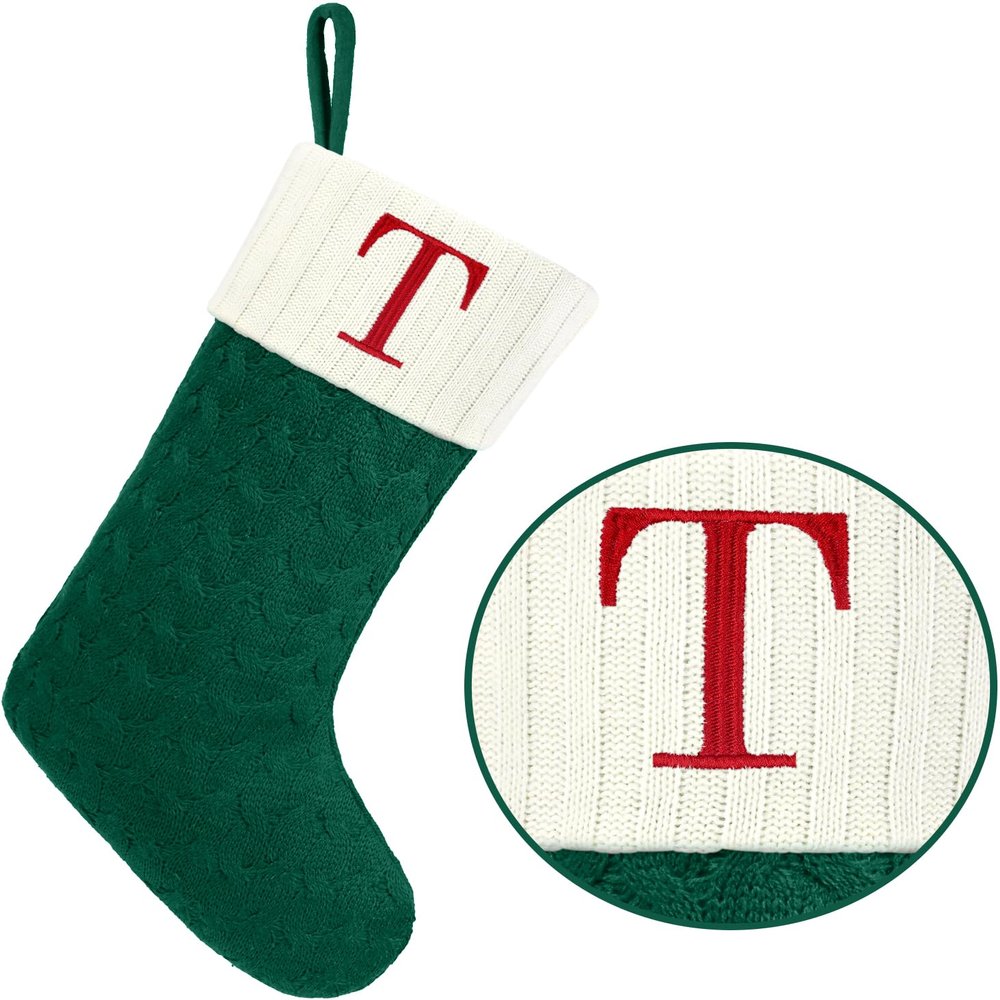 Christmas Stockings with Initials,20 Inches Large Knit Embroidered Letter Green White Christmas Stocking,Monogram Christmas Stocking for Famliy Holiday and Xmas Tree Fireplace (Letter T)