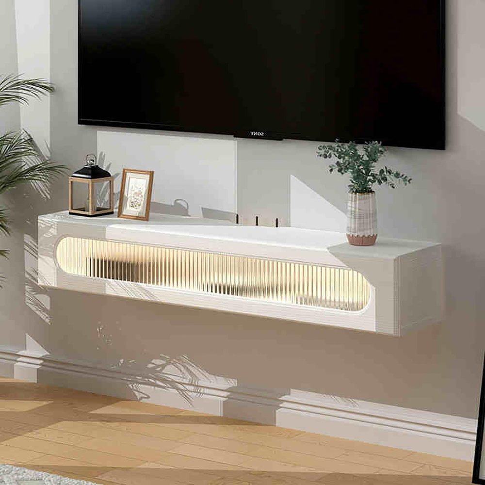 BAYTEWJX Floating TV Shelf Media Console Table Wall Mounted TV Cabinet with Flap Door Solid Wood TV Cabinet with Storage Drawers with Cable Hole for Home & Office Living Room Bedroom.