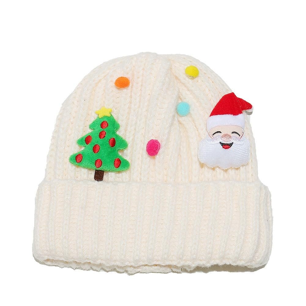 Knitted Red Christmas Hat with Reindeer, Snowman, and Bow Appliques (US, Alpha, One Size, white1)
