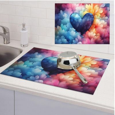 Dish Drying Mat 18 x 24 inch Absorbent Drying Mats Blue Love Heart Dish Mat Counter Dish Drainer Mats for Kitchen Farmhouse Microfiber Drying Pad for Rack Coffee Maker