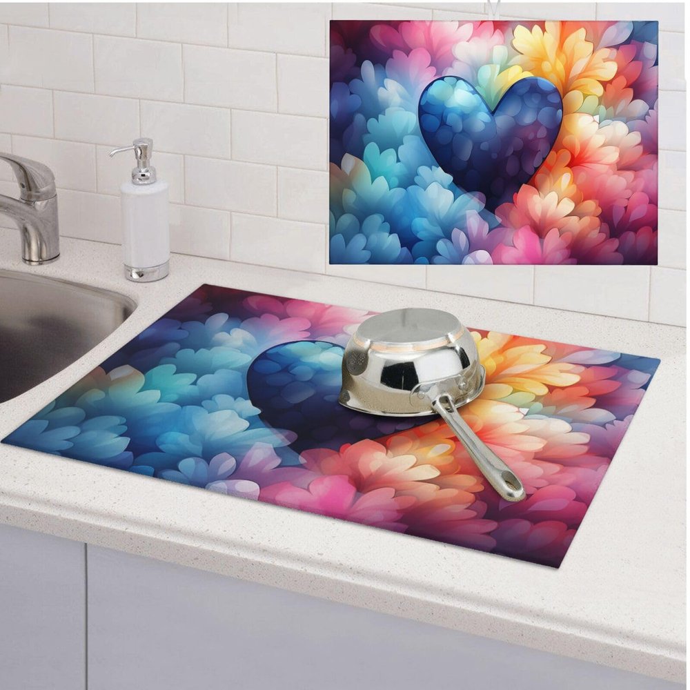Dish Drying Mat 18 x 24 inch Absorbent Drying Mats Blue Love Heart Dish Mat Counter Dish Drainer Mats for Kitchen Farmhouse Microfiber Drying Pad for Rack Coffee Maker