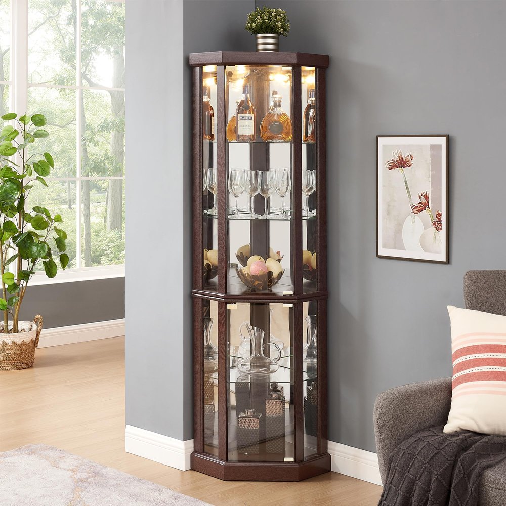 XZTUAJ 69" H Lighted Corner Curio Cabinet Display Case With Adjustable Shelves, Tempered Glass, Mirrored Back Panel for Living Room (Dark Cherry)