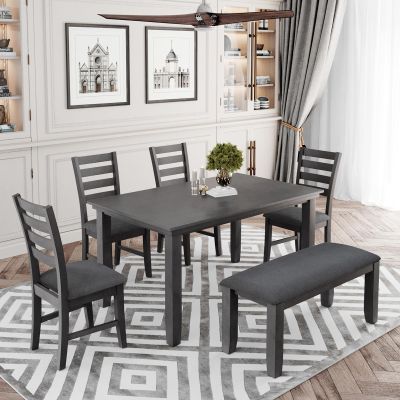 6 Piece Rustic Wood Dining Table Set with 4 Upholstered Chairs and Bench, Rectangular Kitchen Table Set for 6 Persons for Dining Room, Living Room and Kitchen, Gray