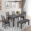 6 Piece Rustic Wood Dining Table Set with 4 Upholstered Chairs and Bench, Rectangular Kitchen Table Set for 6 Persons for Dining Room, Living Room and Kitchen, Gray view 1