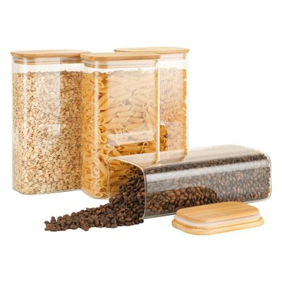 D2scrma 56oz Rectangle Airtight Glass Storage Containers with Bamboo Lids (Set of 4), Square Food Storage Jar, Pantry Organizers for Oats, Cereal, Pasta and Coffee beans (with Black Lable)
