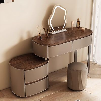 LPP-AWH Vanity Desk Set - Chinese Style Makeup Vanity with LED Mirror and Stool, Solid Wood Dressing Table Include Saddle Leather & 4 Drawers for Bedroom (Walnut Color & Coffee,39'')