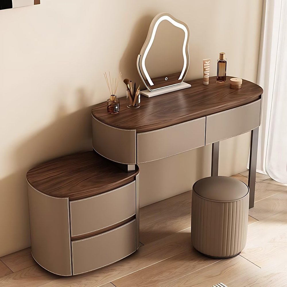 LPP-AWH Vanity Desk Set - Chinese Style Makeup Vanity with LED Mirror and Stool, Solid Wood Dressing Table Include Saddle Leather & 4 Drawers for Bedroom (Walnut Color & Coffee,39'')