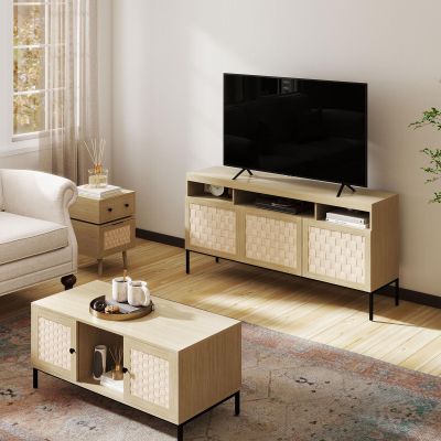Bonzy Home Woven Living Room Table Set, 3PCS Living Room Furniture Includs TV Stand, Coffee Table and End Table for Living Room