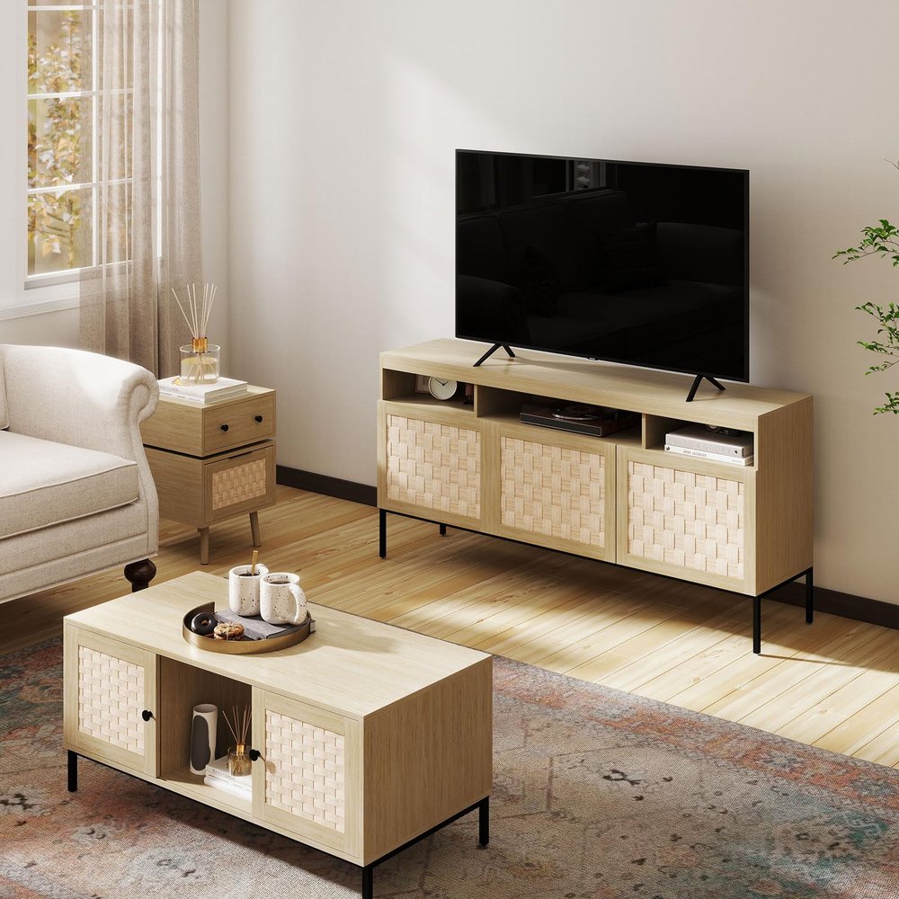 Bonzy Home Woven Living Room Table Set, 3PCS Living Room Furniture Includs TV Stand, Coffee Table and End Table for Living Room