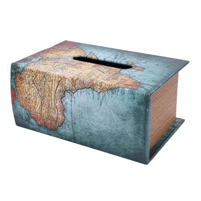Simulated Book Tissue Box Cover Rectangle, Box Covers Antique Decor, Retro Square Tissue Box Cover, Napkin Box Holder for Home Bedroom Office (Green Map)