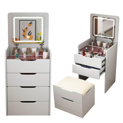 3 in 1 Vanity Desk with Plip-up Mirror and Lights, Small Makeup Table with 3 Drawers, Compact Makeup Vanity with Storage Chair, Multifunction Makeup Desk with Visible Glass Desktop, White (Large)