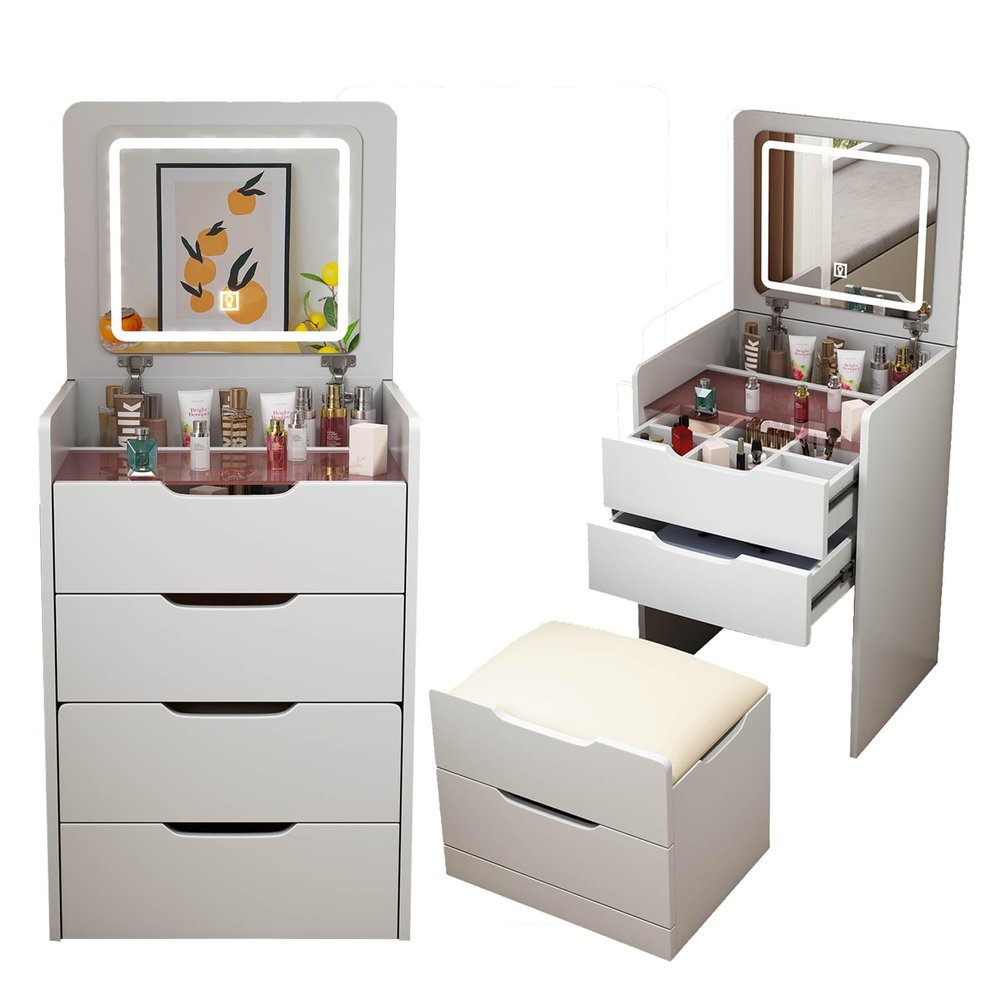 3 in 1 Vanity Desk with Plip-up Mirror and Lights, Small Makeup Table with 3 Drawers, Compact Makeup Vanity with Storage Chair, Multifunction Makeup Desk with Visible Glass Desktop, White (Large)