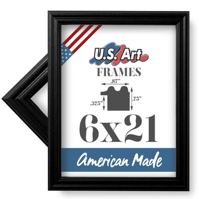 US Art 6x21 Black 0.87 Inch Wood Picture Frame, Solid Wood Wall Decor for Wall Art, Featuring Preinstalled Hangers, UV Filtering Shatterproof Plexiglass, 100% American Made Poster Frame