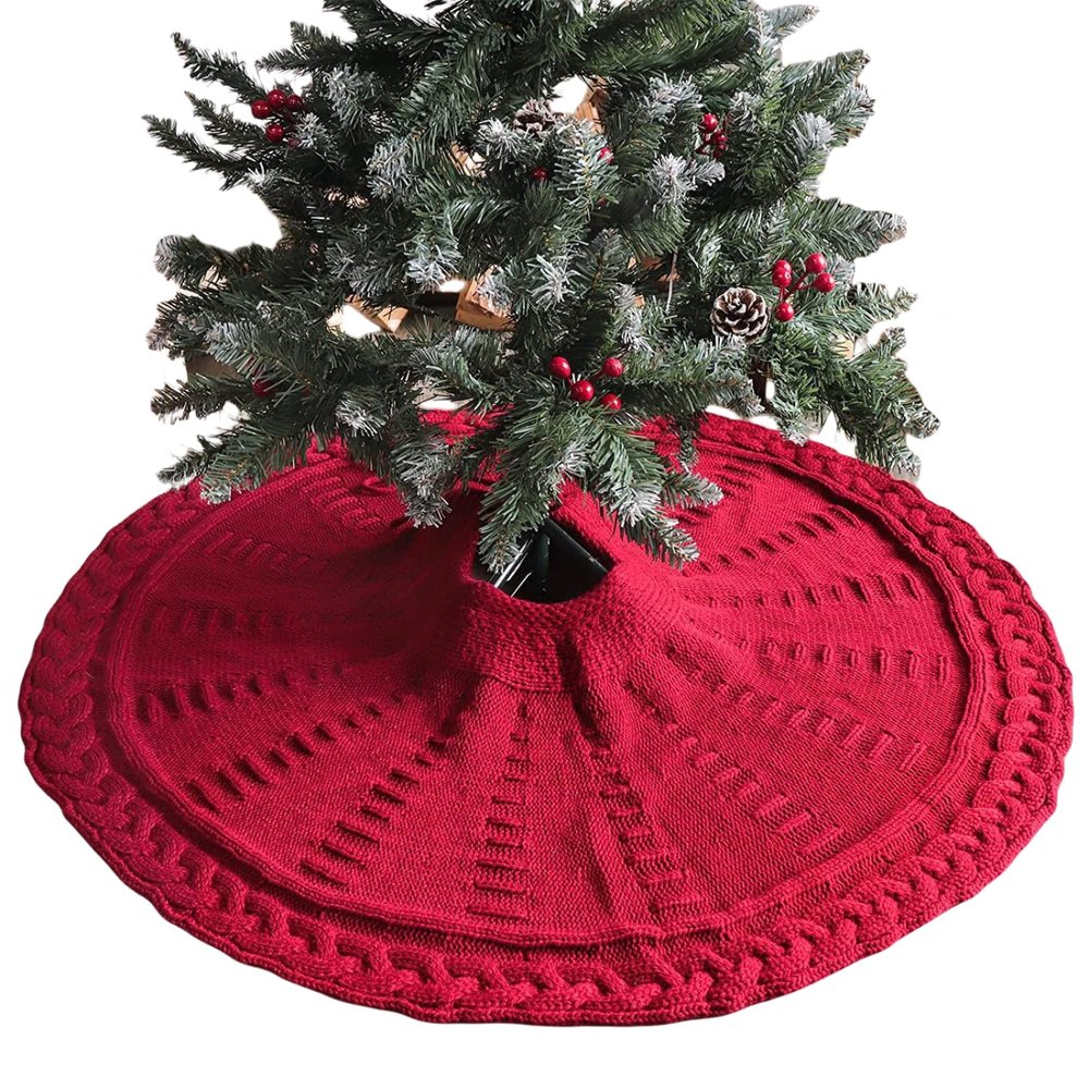 WILDERNESSHOME Make Your Christmas Tree Stand Out with a 48-inch and 36-inch Cable Knit Tree Skirt A Must-Have Christmas Tree Skirt for Holiday Decoration (Burgundy,36 inch)