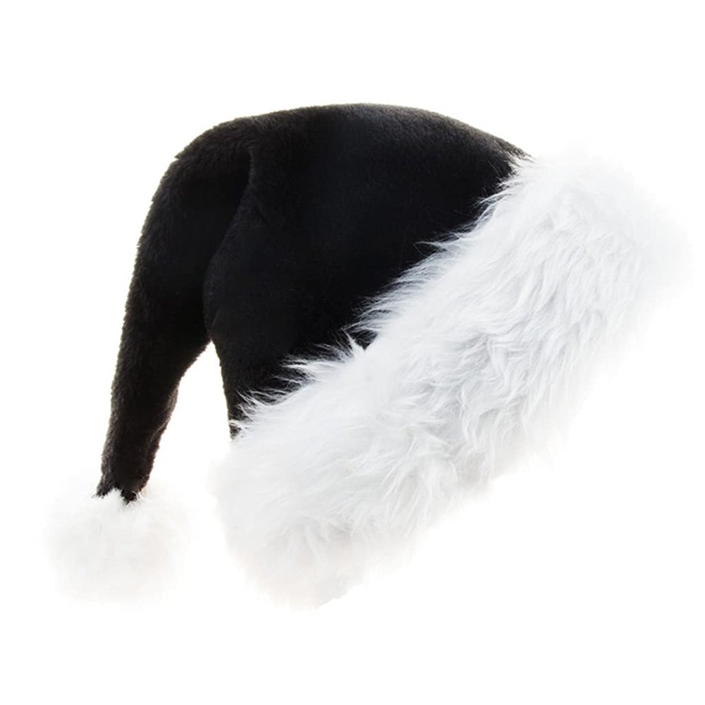 Fcnjsao 1Pack Santa Hat Black Plush Santa Hat Unisex Comfort Christmas Hats Plush for Christmas New Year Festive Holiday