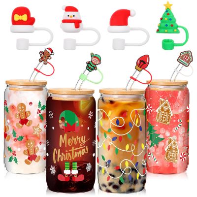 Baderke 4 Set Christmas Glass Cups with Lid and 8 Style Straw Toppers 16 oz Drinking Cup Christmas Iced Coffee Glass Cups Can Shape Xmas Tree Tumbler Drinking Jars Gift for Women Men Xmas Party Favor