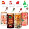 Baderke 4 Set Christmas Glass Cups with Lid and 8 Style Straw Toppers 16 oz Drinking Cup Christmas Iced Coffee Glass Cups Can Shape Xmas Tree Tumbler Drinking Jars Gift for Women Men Xmas Party Favor view 1