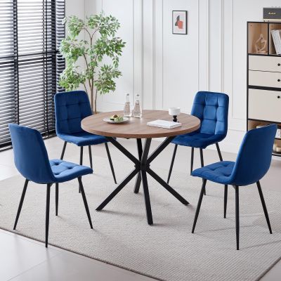Lecafur HL 39" Round Dining Table Set for 4, Mid Century Kitchen Table with 4 Velvet Dining Chairs for Apartment Living Room Space Saving