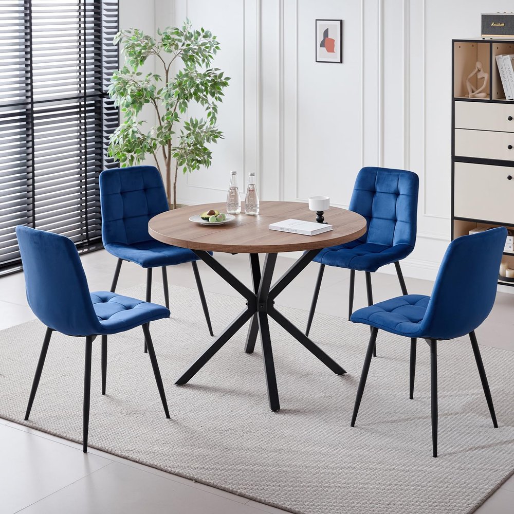 Lecafur HL 39" Round Dining Table Set for 4, Mid Century Kitchen Table with 4 Velvet Dining Chairs for Apartment Living Room Space Saving