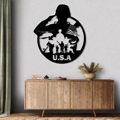 Bestome American Soldier Veteran Metal Wall Decor, Veteran Metal Wall Decor, Army Wall Decor, Patriotic Decor, Wall Decor Living Room, Gifts for Veterans, Gifts for Soldiers (Black, 24"x21"|60x53 cm)