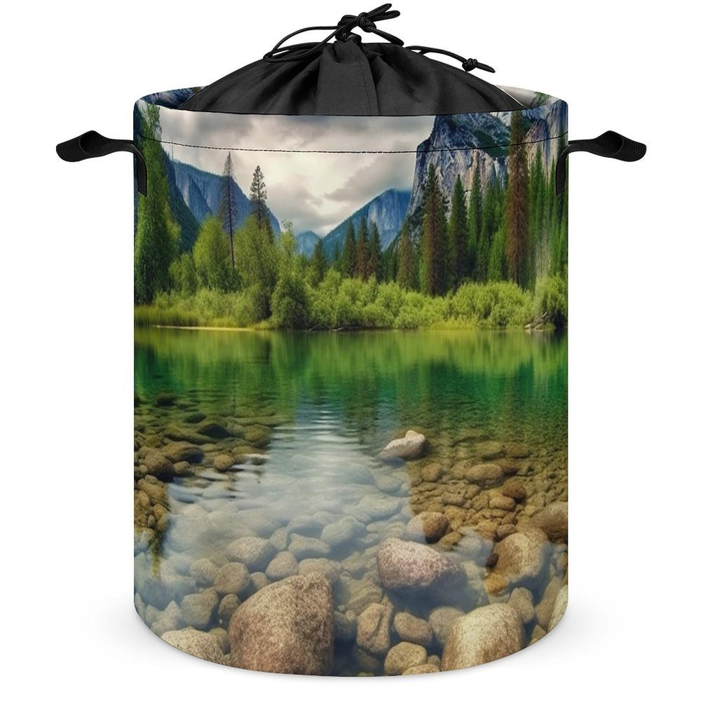 Clear Water Lake Laundry Hamper Waterproof Laundry Basket Large Circular Dirty Clothes Hamper with Handle Collapsible Washing Bin Storage Basket for Clothes And Toys 17.3 x 17.3 in