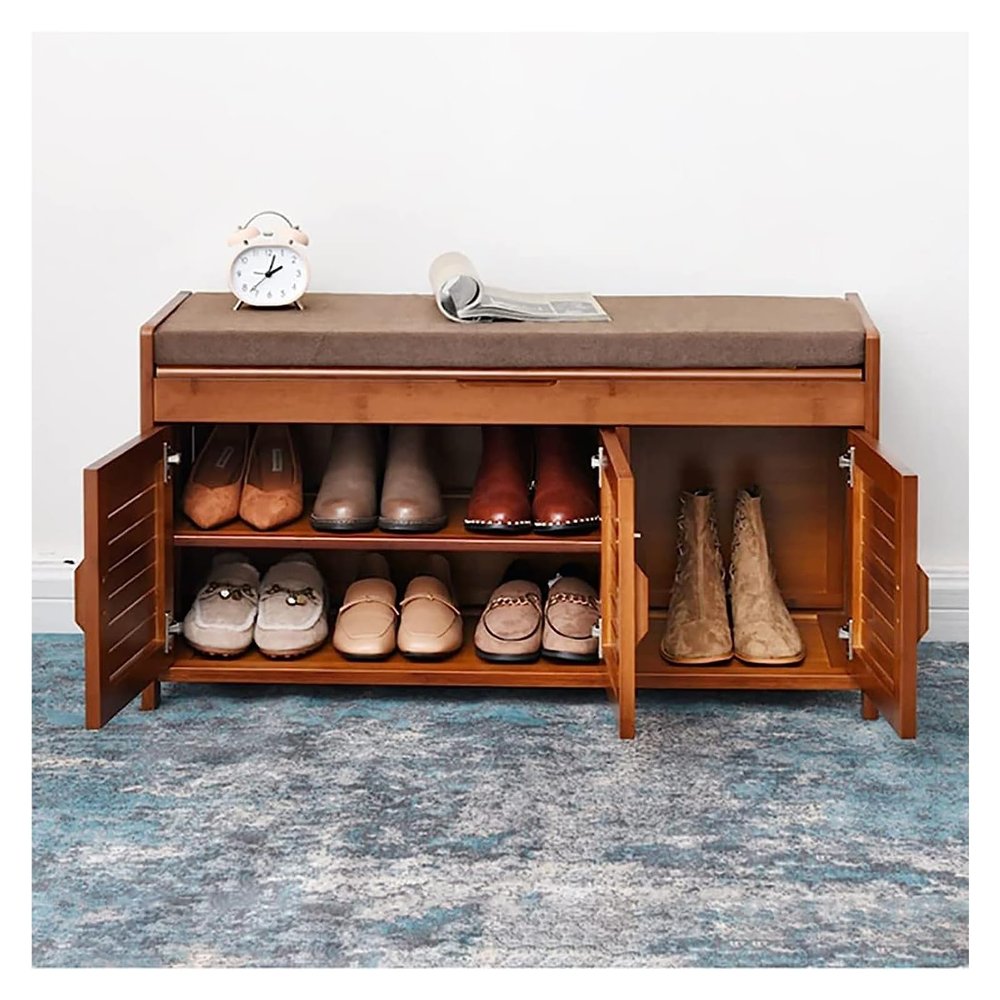DBZRRKHDC Bamboo Shoe Bench, Shoe Cabinet Storage Benches, Shoe Storage Bench with Cushion and Hidden Storage, Stable Shoe Storage(90 * 32.5 * 50cm)