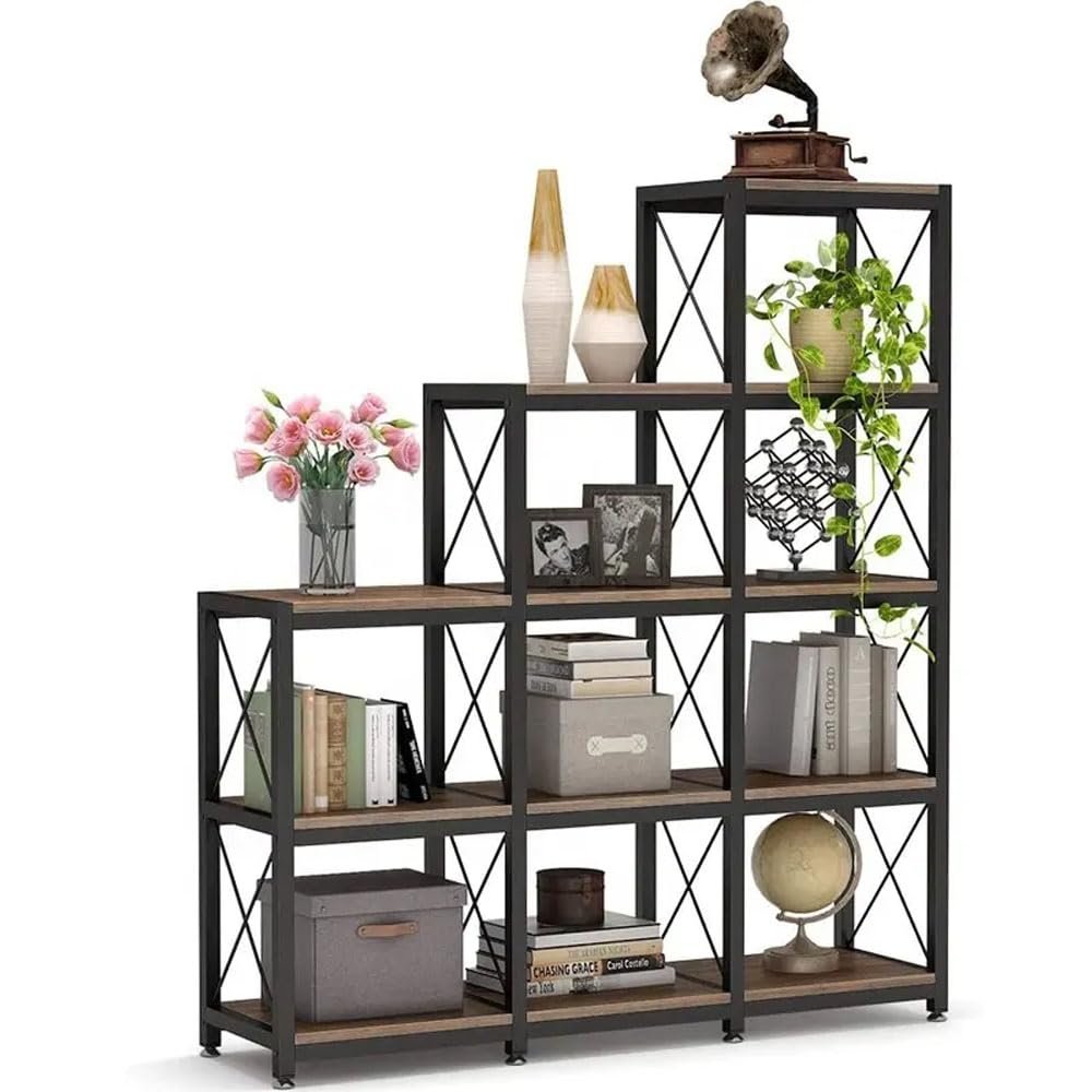 5-Tier Stepped Bookcase, 9-Cube With Carbon Steel Frame, Easy To Assemble Anti-Tipping Kits & Adjustable Foot Pads, Save Space 12 Shelves Storage Open Display Shelf, for Home Office (Brown)
