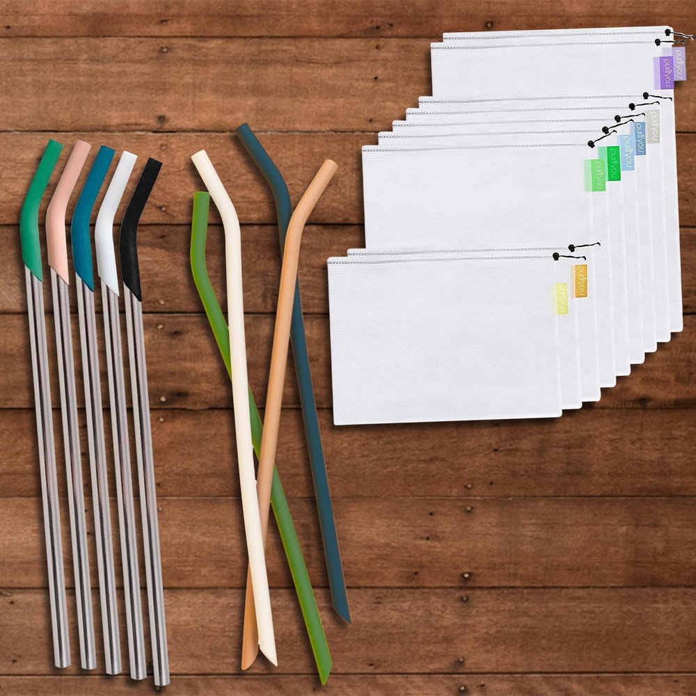 purifyou Bundle: Reusable Produce Bags (S9), Extra Long Silicone Straws (S4), & Stainless Steel Straws (S5) with Cleaning BrushesPerfect for Eco-Friendly Shopping and Hydration!