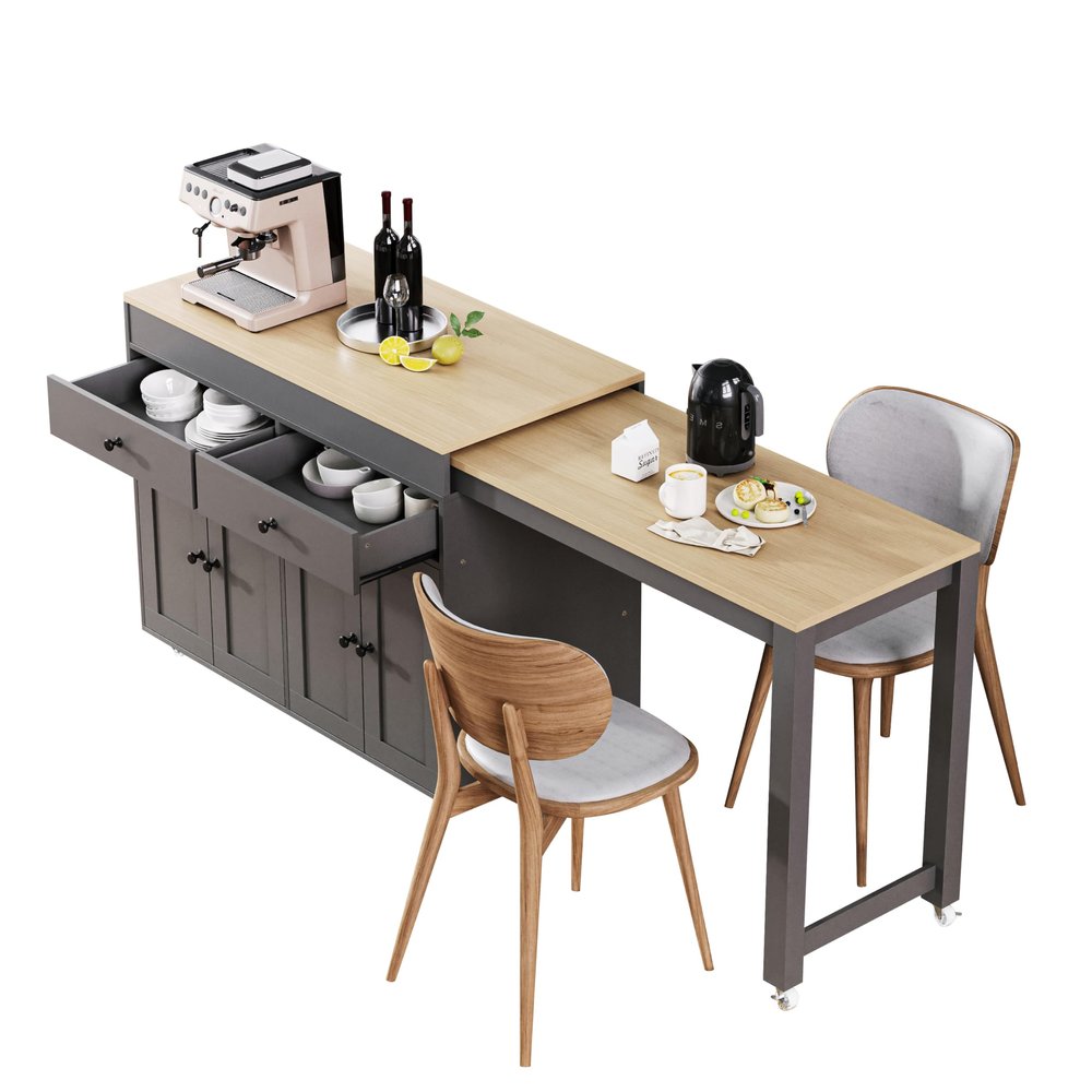 LUMISOL Extendable Kitchen Island with Storage and Dining Table, Grey