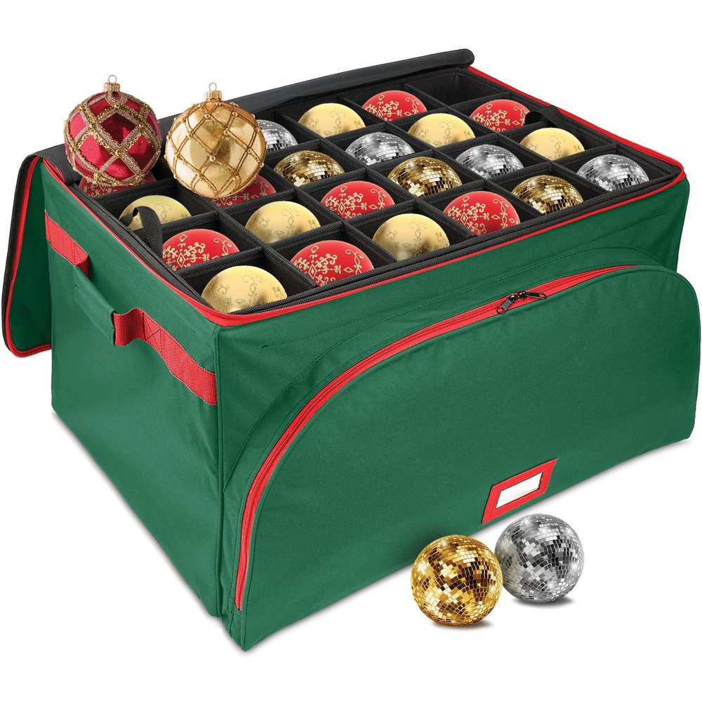 HOLDN STORAGE Premium Christmas Ornament Storage Container - Holds Up to 72-4 Ornaments Durable 600D Fabric - Adjustable Dividers - 3 Individual Trays - Metal Frame - Green