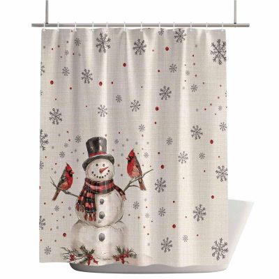 Shower Curtains for Bathroom-60x72in,Merry Christmas Snowman Red Bird Waterproof Bath Curtain Grommet Shower Curtain Set with Hooks,Snowflake Holly on Burlap Flax Washable Bath Accessories
