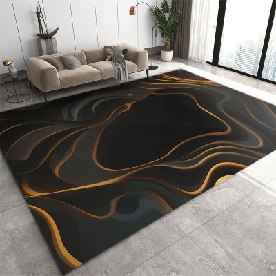 Abstract Liquid Streak Art Area Rug, Black and Gold Line Art Home Decor Rug, Easy Clean Carpet for Living Room Bedroom Kitchen Dining Room Home Office Floor Rug 6x8 ft