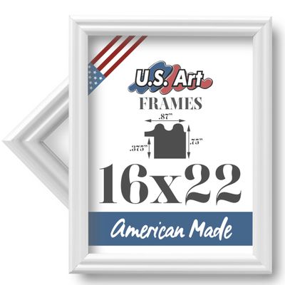 US Art 16x22 White 0.87 Inch Wood Picture Frame, Solid Wood Wall Decor for Wall Art, Featuring Preinstalled Hangers, UV Filtering Shatterproof Plexiglass, 100% American Made Poster Frame
