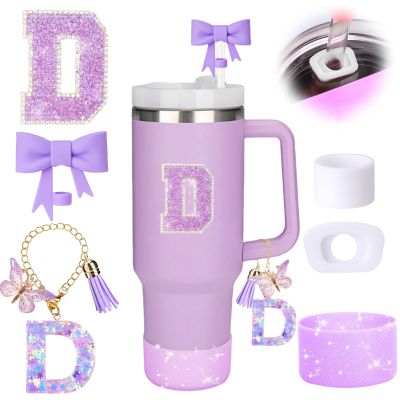 MOTEERLLU 6pcs Purple Stanley Cup Accessories Set,Bow Straw Cover for Stanley Cup 30oz 40oz, Including Straw Topper,Spill Proof Stopper,Sparkly Silicone Boot Set,Handle Charm,Initials Sticker (D)