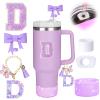 MOTEERLLU 6pcs Purple Stanley Cup Accessories Set,Bow Straw Cover for Stanley Cup 30oz 40oz, Including Straw Topper,Spill Proof Stopper,Sparkly Silicone Boot Set,Handle Charm,Initials Sticker (D) view 1
