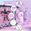 MOTEERLLU 6pcs Purple Stanley Cup Accessories Set,Bow Straw Cover for Stanley Cup 30oz 40oz, Including Straw Topper,Spill Proof Stopper,Sparkly Silicone Boot Set,Handle Charm,Initials Sticker (D) view 3
