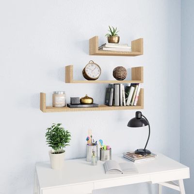 ANYCHOLE Wall Display Shelf 3 pcs Sonoma Oak Engineered Wood,Sturdy U Shaped Floating Shelves Set of 3 for Decor and Storage Wall Shelves, Wall Shelving