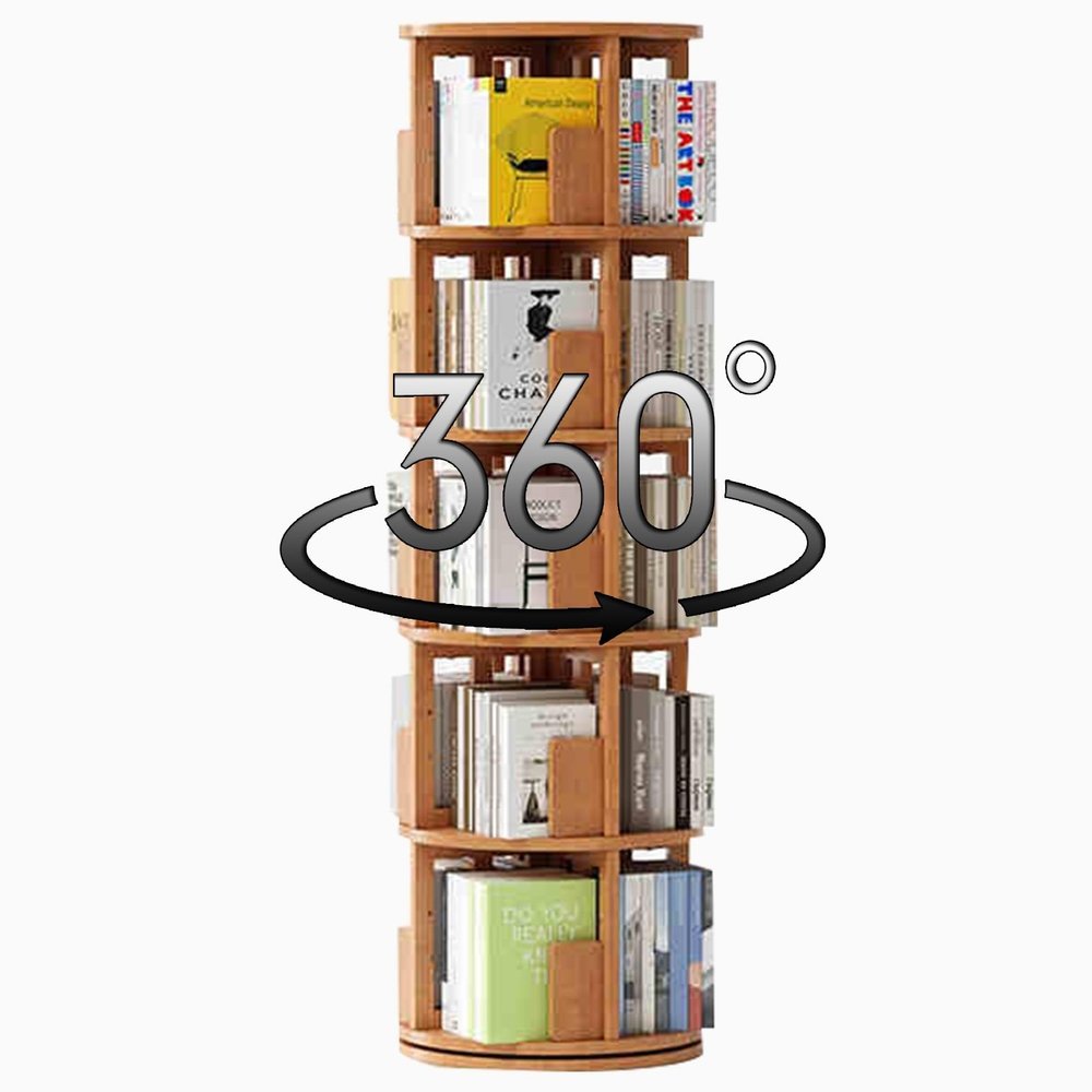 5-Shelf Rotating Bookshelf for Home Use Multi-Functional Floor Standing Shelf Household Goods Storage Rack Space-Saving High Load-Bearing Capacity Safe and Durable(Wood Color)