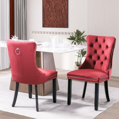 JETEAGO Velvet Dining Chair Set of 2, Upholstered Tufted Dining Room Chair with Nailhead Trim and Solid Wood Leg for Kitchen, Wine Red