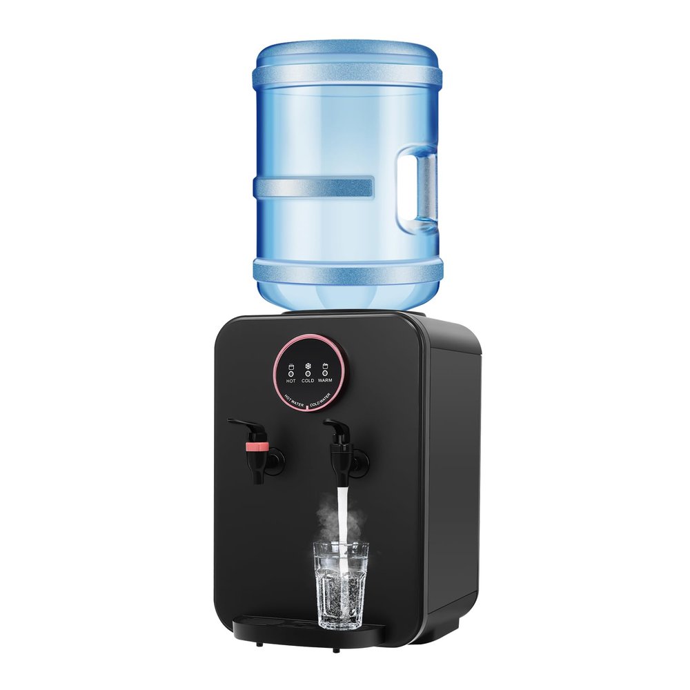 sjcdicnj 110V Top Loading Countertop Water Dispenser, Mini Water Cooler Dispenser with Hot Cold and Room Temperature Water, Premium Countertop Water Cooler Dispenser for 1 to 5 Gallons Bottle (Black)