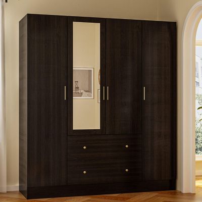 AIEGLE 4 Doors Wardrobe Armoire with Mirror, 63" Wide Large Freestanding Wardrobe Closet with 2 Drawers, Shelves & 2 Hanging Rods, Bedroom Clothes Storage Cabinet Organizer, Black Brown