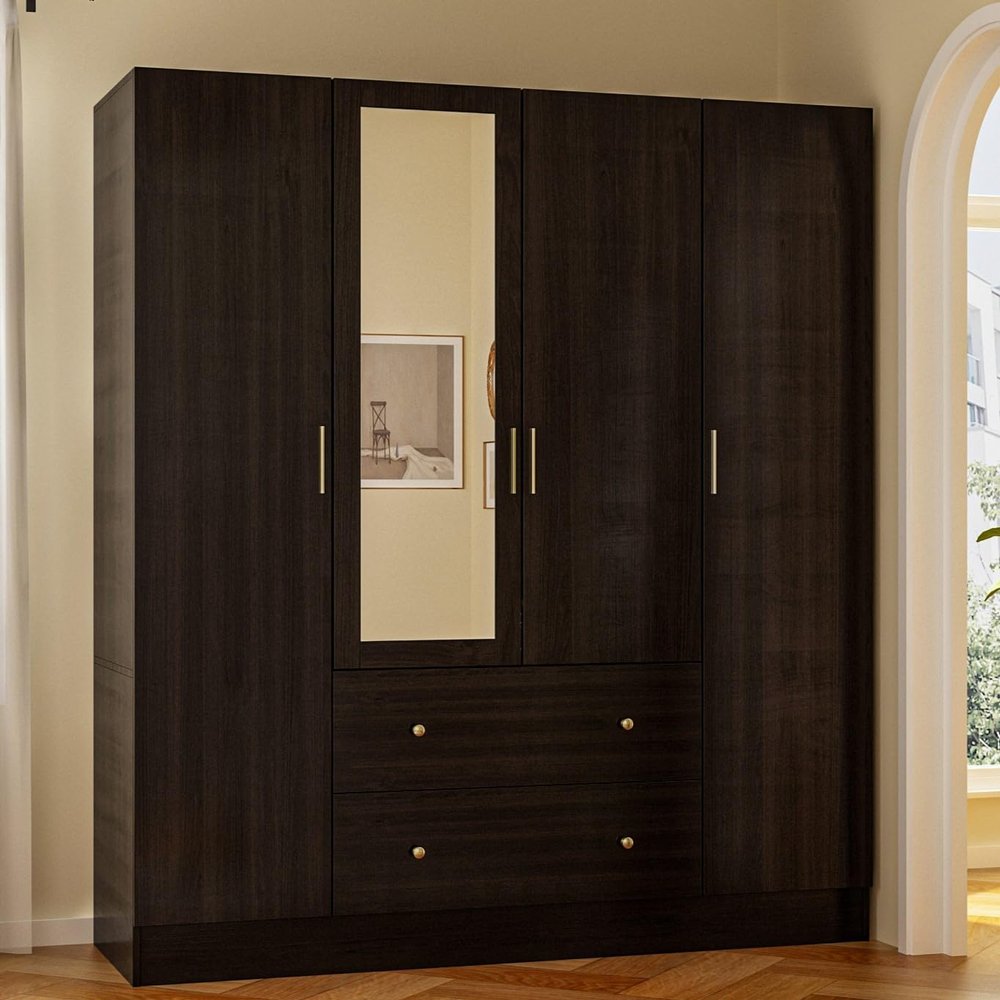 AIEGLE 4 Doors Wardrobe Armoire with Mirror, 63" Wide Large Freestanding Wardrobe Closet with 2 Drawers, Shelves & 2 Hanging Rods, Bedroom Clothes Storage Cabinet Organizer, Black Brown