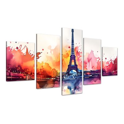 5 Panel Paris Canvas Wall Art - Colorful Eiffel Tower Pictures Wall Decor Abstract City Painting Modern Cityscape Artwork Framed Poster for Living Room Bedroom Home, Framed Ready to Hang 60"W x 32"H