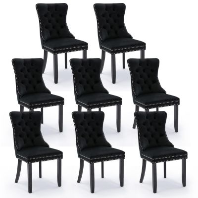 JETEAGO Velvet Dining Chair Set of 8, Upholstered Tufted Dining Room Chair with Nailhead Trim and Solid Wood Leg for Kitchen, Black