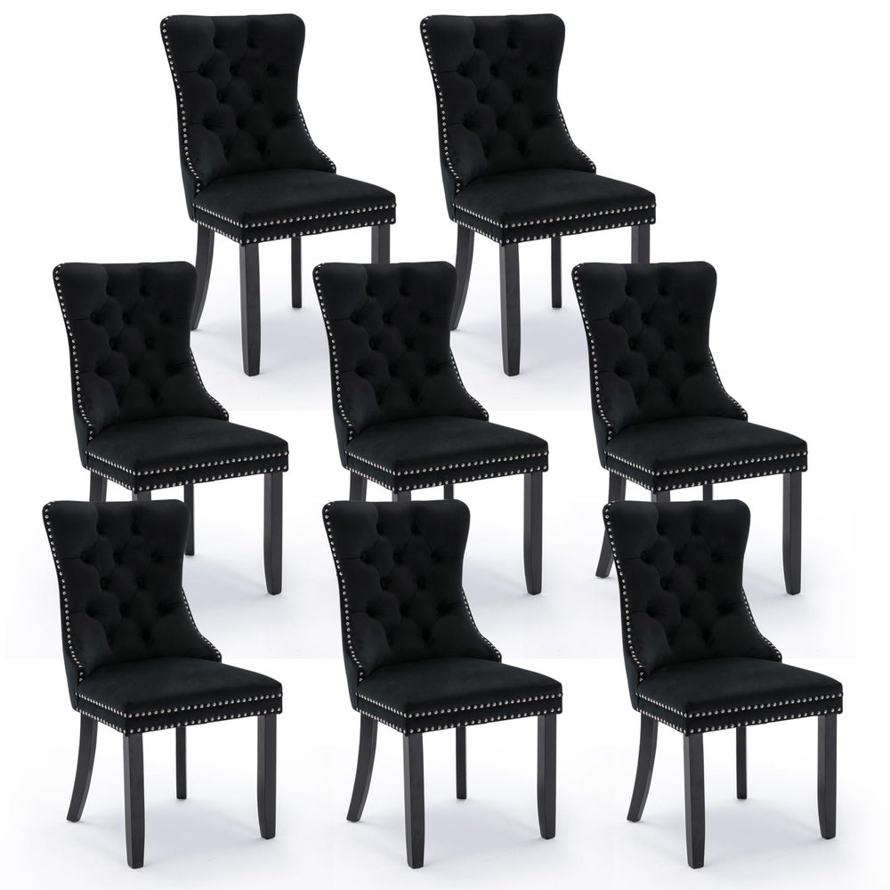 JETEAGO Velvet Dining Chair Set of 8, Upholstered Tufted Dining Room Chair with Nailhead Trim and Solid Wood Leg for Kitchen, Black
