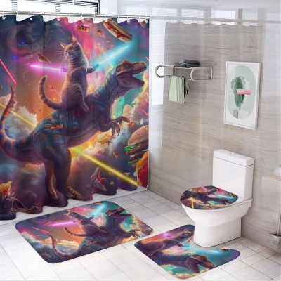 HDESDIS 4Pcs Abstract Cat Dinosaur Shower Curtain Sets with Rugs, Toilet Lid Cover and Bath Mat, Burger Pizza Rainbow Galaxy Bathroom Shower Curtains Set with 12 Hooks