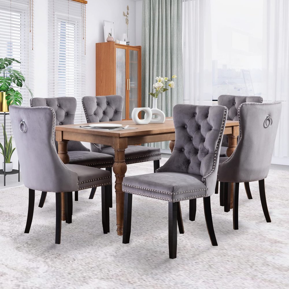 JETEAGO Velvet Dining Chair Set of 6, Upholstered Tufted Dining Room Chair with Nailhead Trim and Solid Wood Leg for Kitchen, Grey
