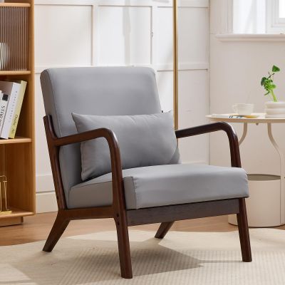 Akeysous Mid Century Modern PU Leather Accent Chair, Living Room Chairs with Lumbar Pillow Boho Arm Chiar Reading Chair with Solid Wood Frame for Living Room Bedroom