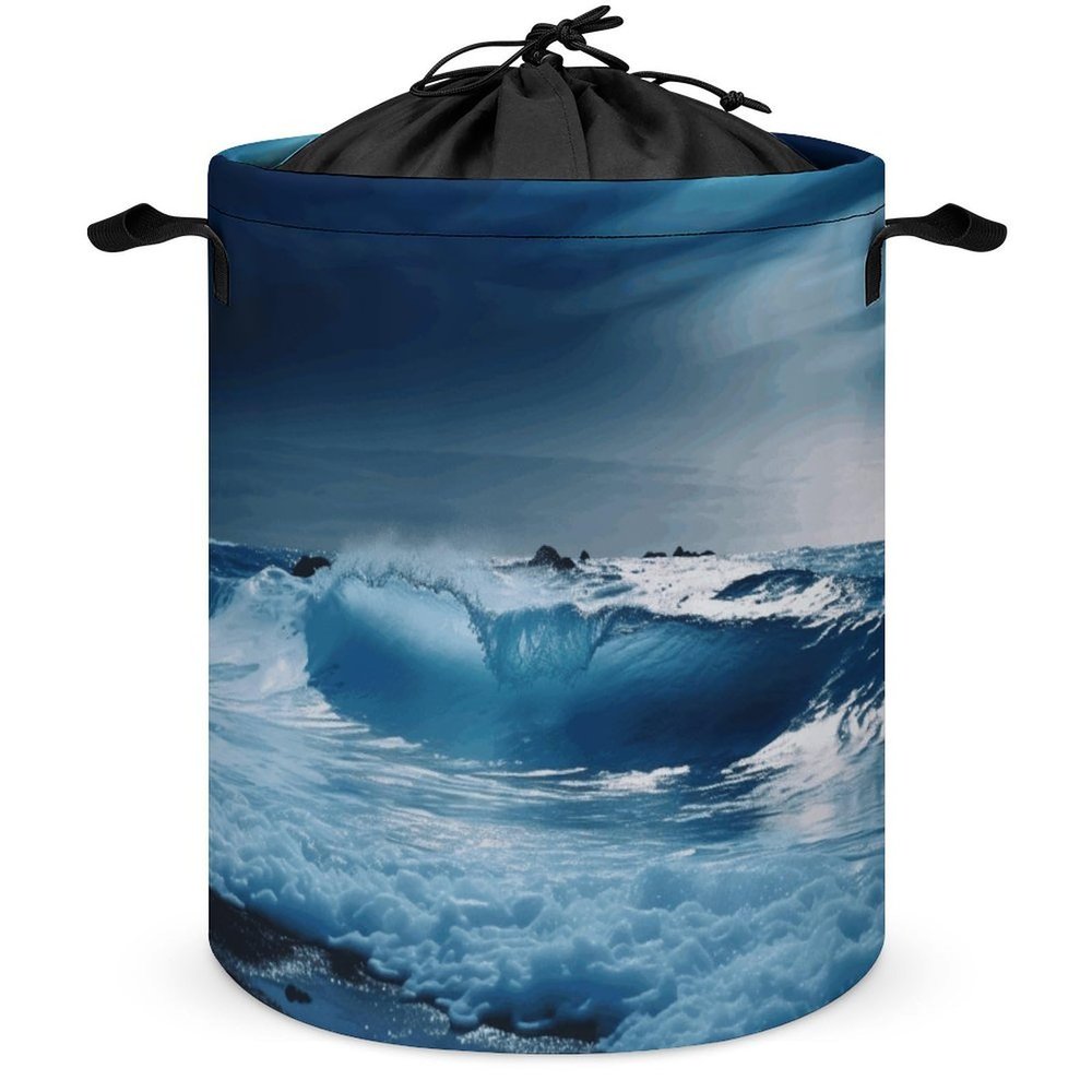 Blue Ocaen Seascape Laundry Hamper Waterproof Laundry Basket Large Circular Dirty Clothes Hamper with Handle Collapsible Washing Bin Storage Basket for Clothes And Toys 17.3 x 13.8 in