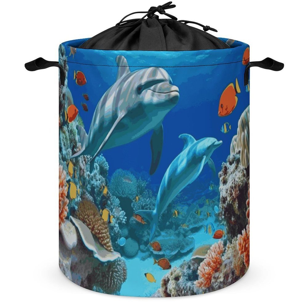 Seabed Coral Fish Dolphins Laundry Hamper Waterproof Laundry Basket Large Circular Dirty Clothes Hamper with Handle Collapsible Washing Bin Storage Basket for Clothes And Toys 17.3 x 17.3 in